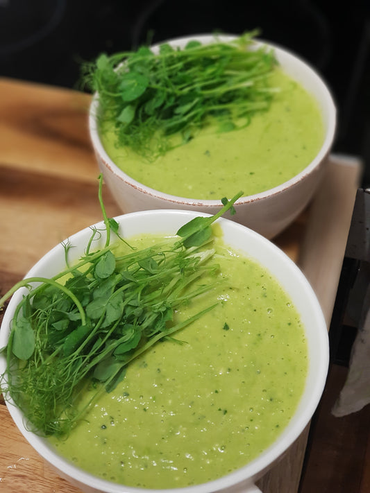 Gut-friendly min and pea soup, with pea shoots.
