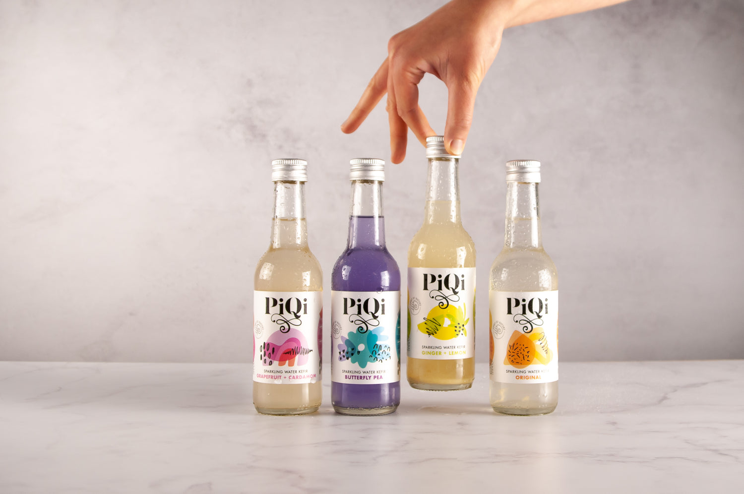 PiQi fermented water kefir 250ml in four flavours: grapefruit, ginger, butterfly pea flower, and fig