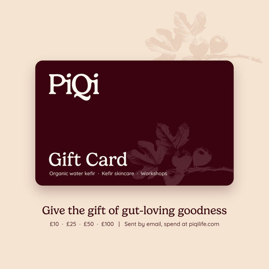PiQi gift card for organic water kefir, kefir skincare and fermentation workshops